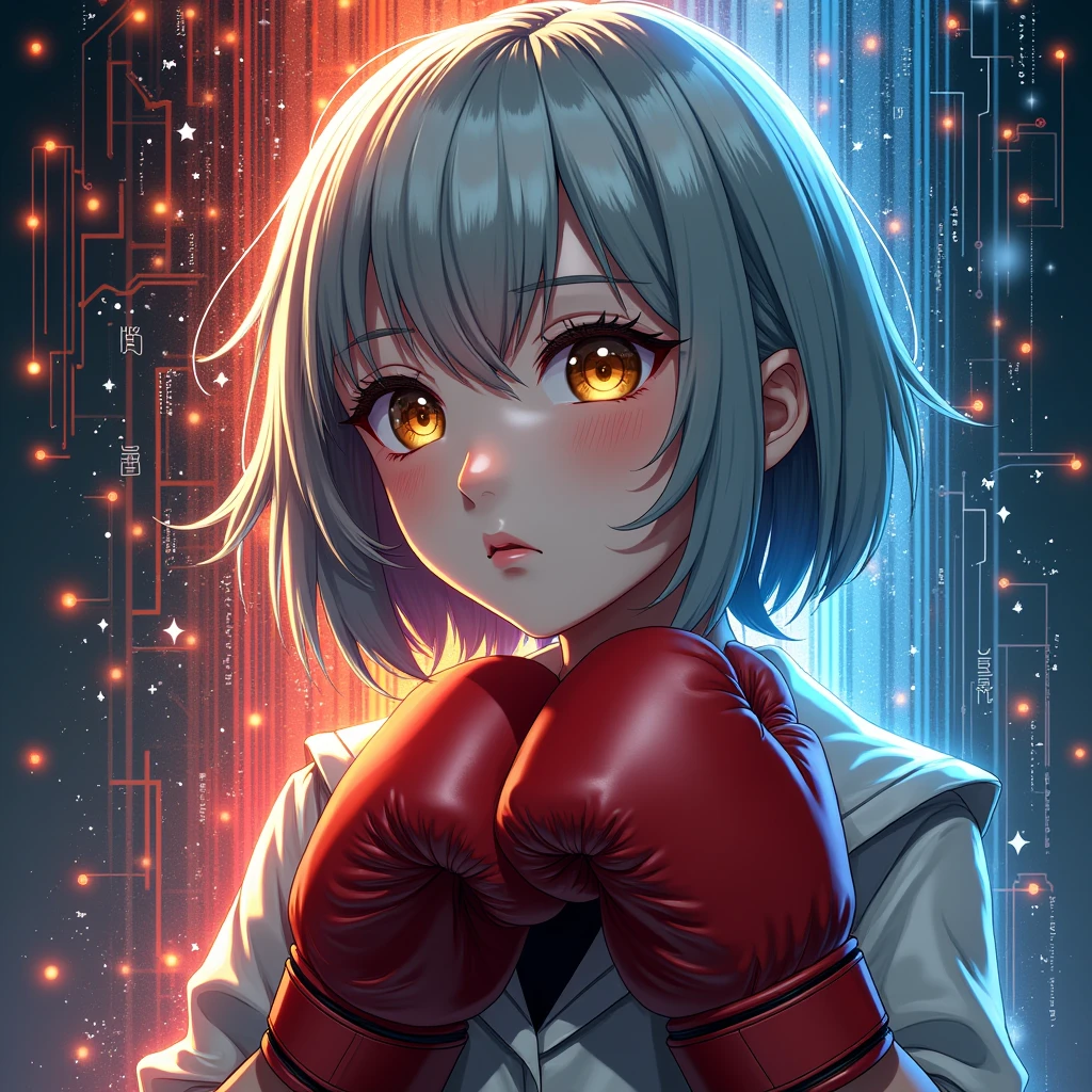 (masterpiece, Highest quality, Highest quality, Official Art, beautifully、aesthetic:1.2), Very detailed,  (Abstract:1.2),   Light trail, Vibrant colors, Visual clutter, Fluid movement, Fascinating patterns,  Most detailed,
1 girl, Adult Spanish women,  Amber Eyes, Grey wedge cut hair, Boxing gloves、
Portraiture, Character Focus, look up, alone, Upper Body, Detailed Background, Detailed face, (Circuit board AI, Electronic Themes:1.1), Stoic expression,  Symmetrical Configuration, Side light, Cinematic atmosphere,      Regalia,
Nardac, 