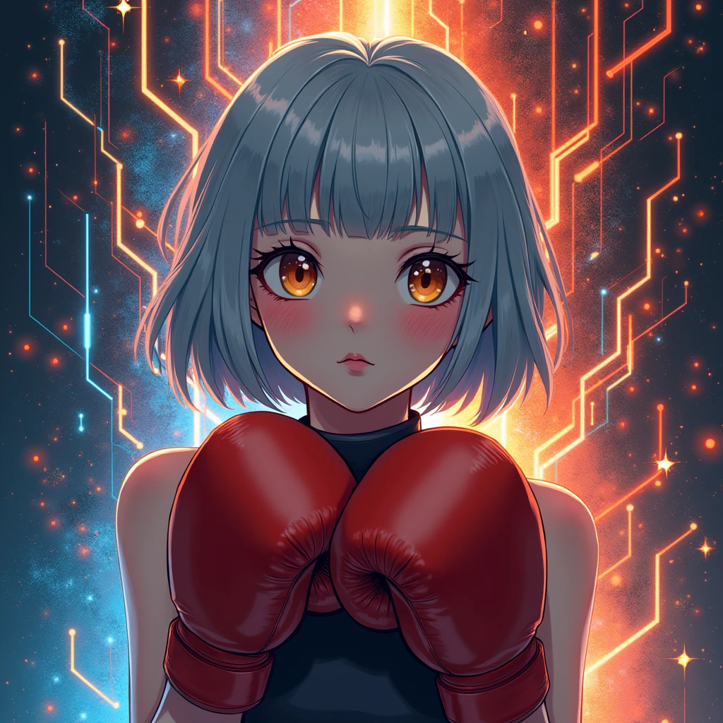 (masterpiece, Highest quality, Highest quality, Official Art, beautifully、aesthetic:1.2), Very detailed,  (Abstract:1.2),   Light trail, Vibrant colors, Visual clutter, Fluid movement, Fascinating patterns,  Most detailed,
1 girl, Adult Spanish women,  Amber Eyes, Grey wedge cut hair, Boxing gloves、
Portraiture, Character Focus, look up, alone, Upper Body, Detailed Background, Detailed face, (Circuit board AI, Electronic Themes:1.1), Stoic expression,  Symmetrical Configuration, Side light, Cinematic atmosphere,      Regalia,
Nardac, 