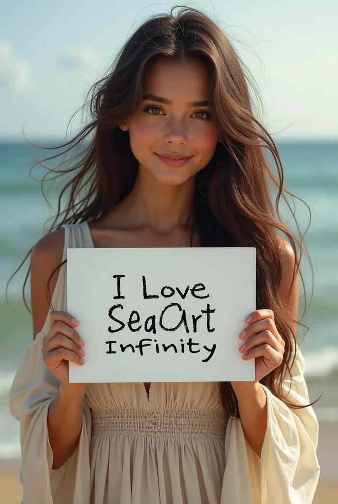 Beautiful girl with wavy long hair, bohemian dress, holding a white board with text "I Love Seaart Infinity" and showing it to the viewer
