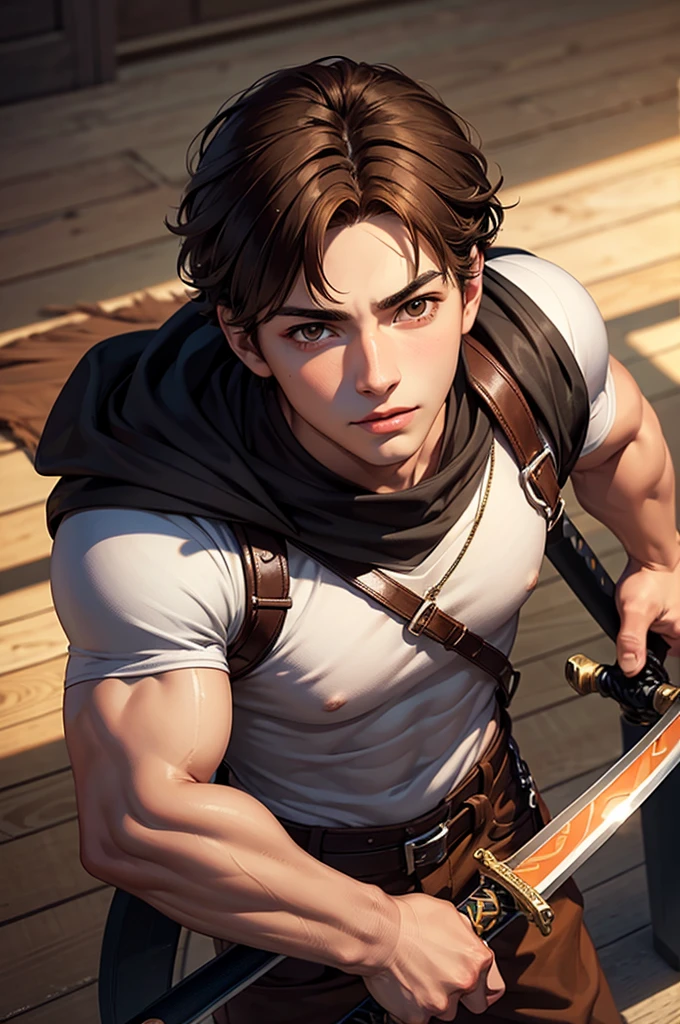 ultra HD, Teenage man, with brown hair , deep orange brown eyes, Full lips, attractive, souriant, Muscle, with a sword in knight's attire