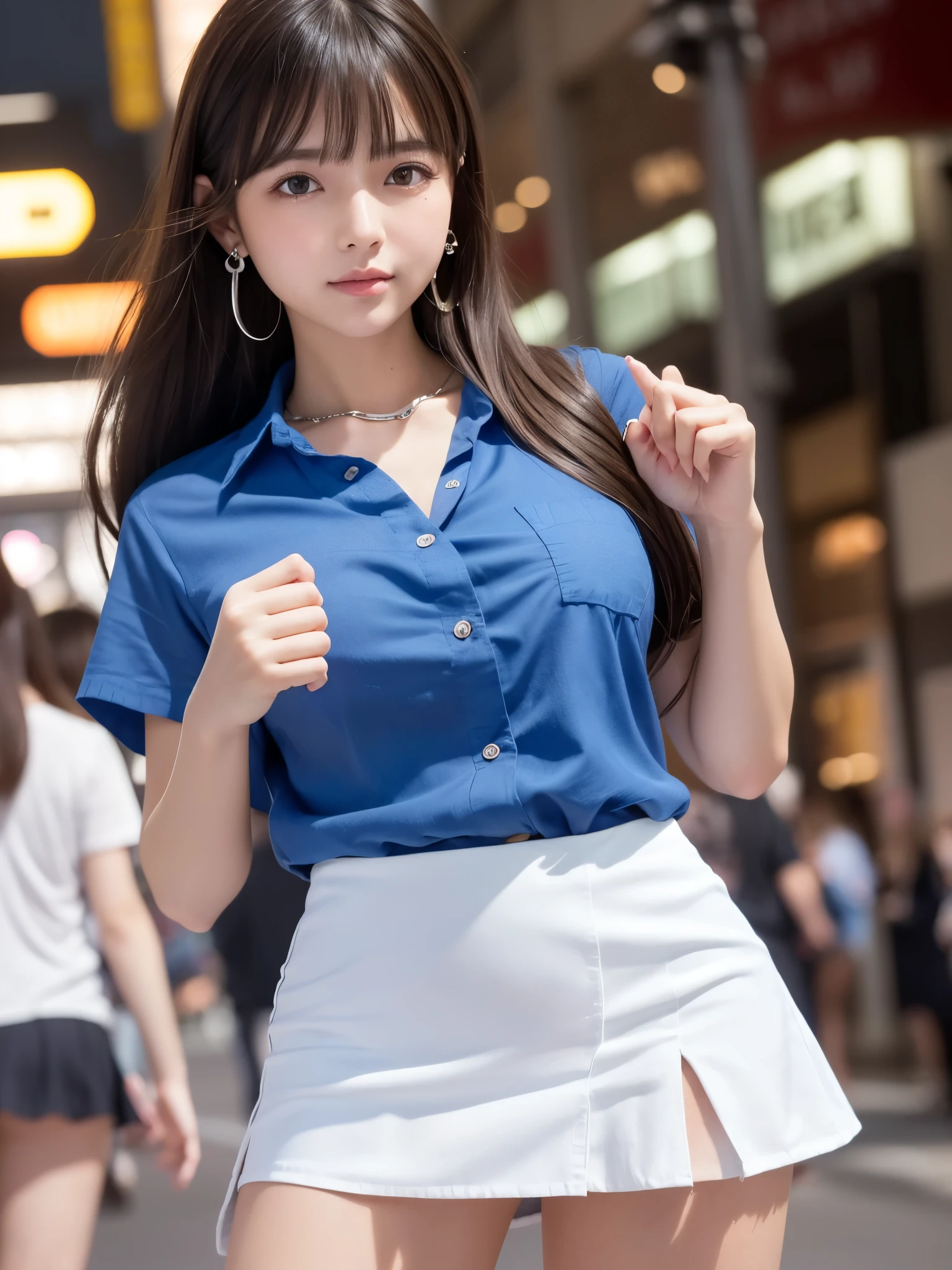 Product quality,1 girl,Cowboy Shot,Front view,(Thigh Emphasis:1.6),Young and  Japanese girl,20-year-old,Harajuku,(Crowded street:1.4),Snazzy,((Blue Shirt:1.5)),wear,(Snazzyバッグ:1.3),Fashionable necklaces,Stylish earrings,((White Ultra Short Micro Mini Skirt:1.5)),wear,((Small Head,face:0.4))とてもかわいいface,赤ちゃんのface,Glossy Lips,Double eyelids on both eyes,(Natural Makeup),Small and cute nose,shiny smooth light brown long hair,,,,,Asymmetrical bangs,Center image,8k resolution,Attention to detail,Detailed hairstyle,詳細なface,Cinema Lighting,Octane Rendering,Ultra-realistic,Perfect limbs,(Detailed fingers:1.5),Beautiful legs,Voluptuous thighs,Huge breafect Anatomy,(Model sexy pose:1