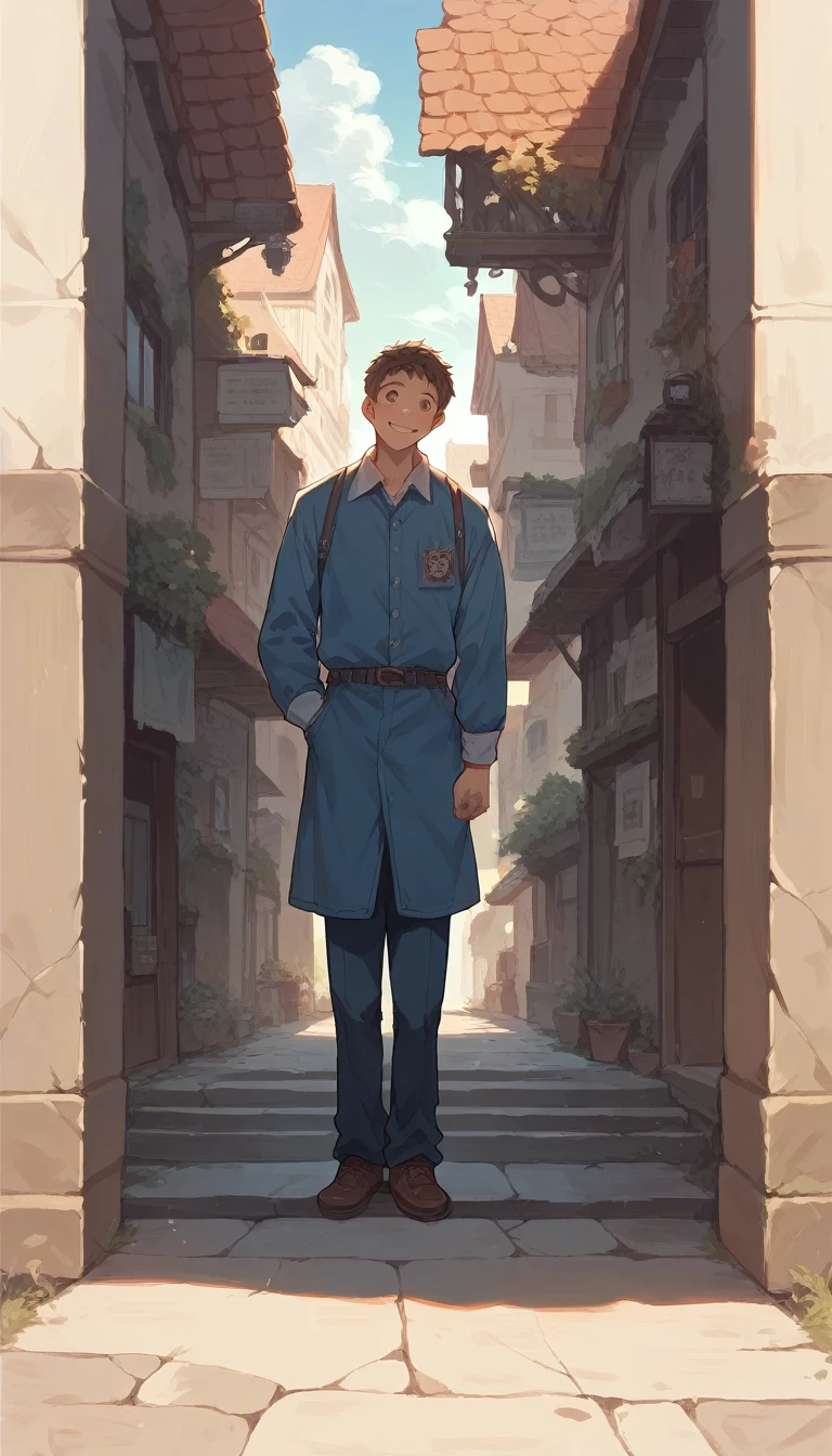 High resolution, masterpiece, Anatomically correct, Shortcuts, Brown Hair, smile, View from the outside, One boy,Full Body