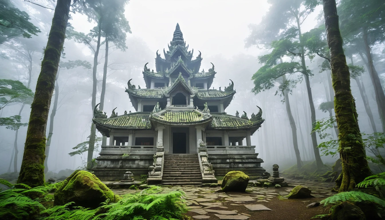 forest, Stone temple in front, White and dirty temple, in the forest, Thick Fog, Fantasy, Sunny