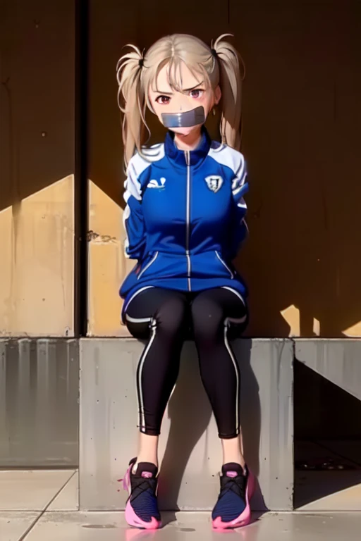 ((1 girl)), ((twin tails)), (sexy),  ((simple_background)), ((concrete floor, concrete wall)), ((underground room)), ((arms behind back)), ((scowl)), ((sitting on the knees)), ((tape gag)),  ((helpless)), ((calm)), ((struggling)), (blue tracksuit,tracksuit,tights pants, long black pants)