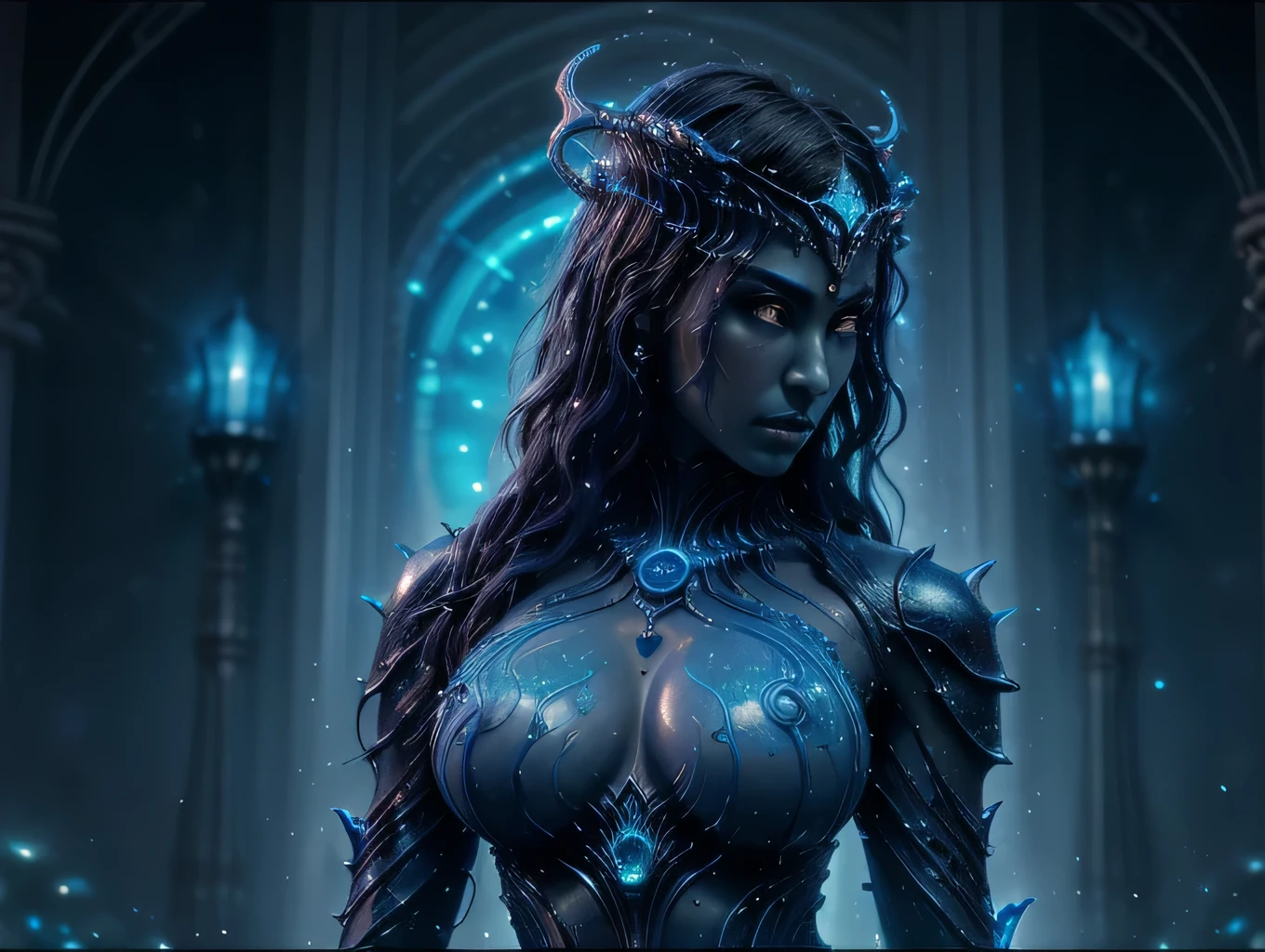 a close up of a statue of a woman with a blue body, water elemental, water demon, asian female water elemental, luminous water elemental, iridescence water elemental, serpentine water monster, beautiful biomechanical djinn, water armor, snake woman hybrid, mermaid cyborg with a laser whip, sorceress, splashcreen character art