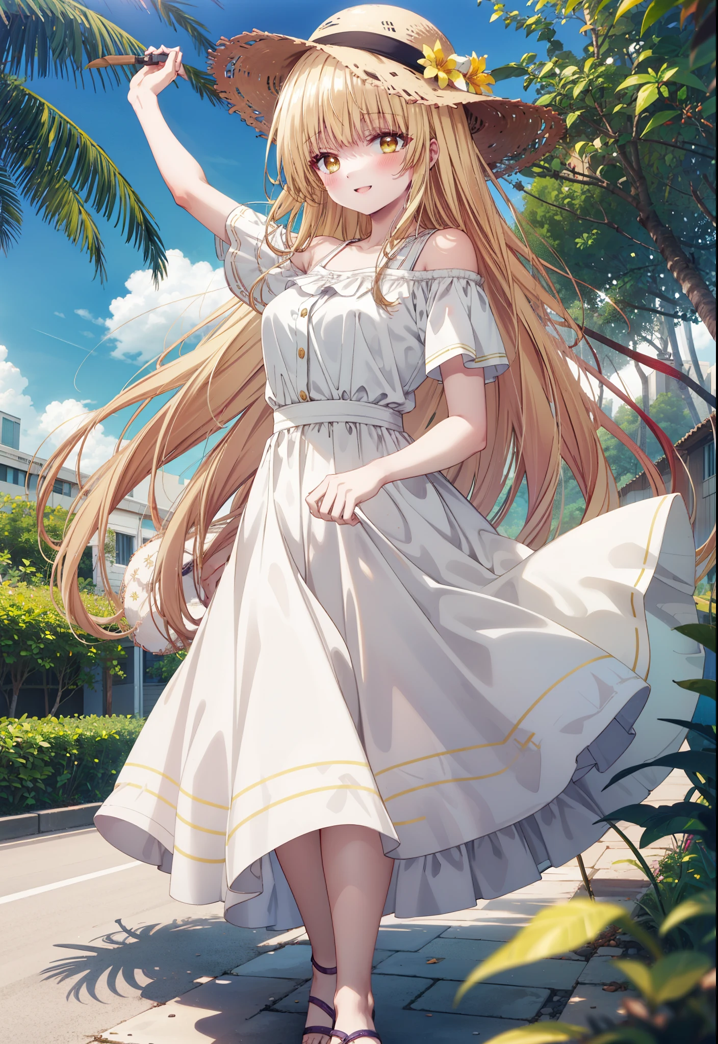 mahirushiina, mahiru shiina, Long Hair, bangs, Blonde, Brown Hair, (Yellow Eyes:1.3),happy smile, smile, Open your mouth,blush, Straw hat,smile,Cold Shoulder Shirt,Short sleeve,Long skirt,Cute heeled sandals,True Summer,Clear skies,Daytime,Palm tree,Hair is fluttering in the wind,whole bodyがイラストに入るように,
break outdoors, tropical,In town,Coastal Road,
break looking at viewer, whole body,
break (masterpiece:1.2), Highest quality, High resolution, unity 8k wallpaper, (figure:0.8), (Beautiful attention to detail:1.6), Highly detailed face, Perfect lighting, Highly detailed CG, (Perfect hands, Perfect Anatomy),