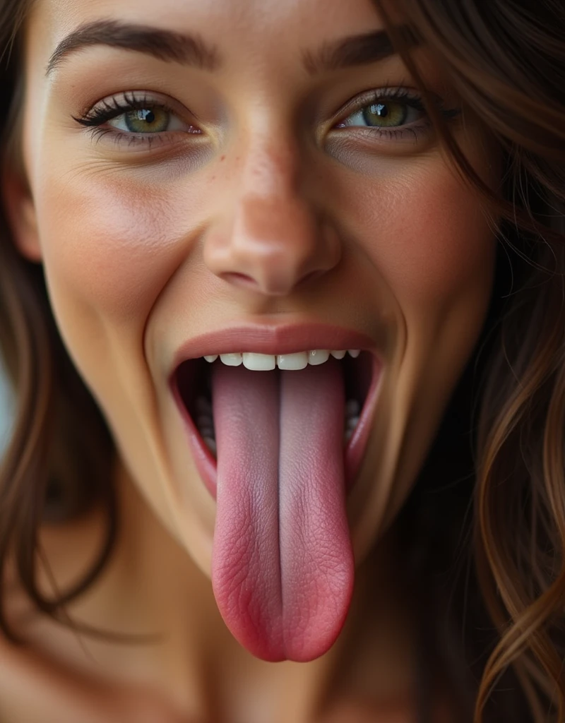 face of 16 year old model Victoria's secret with mouth wide open, long tongue