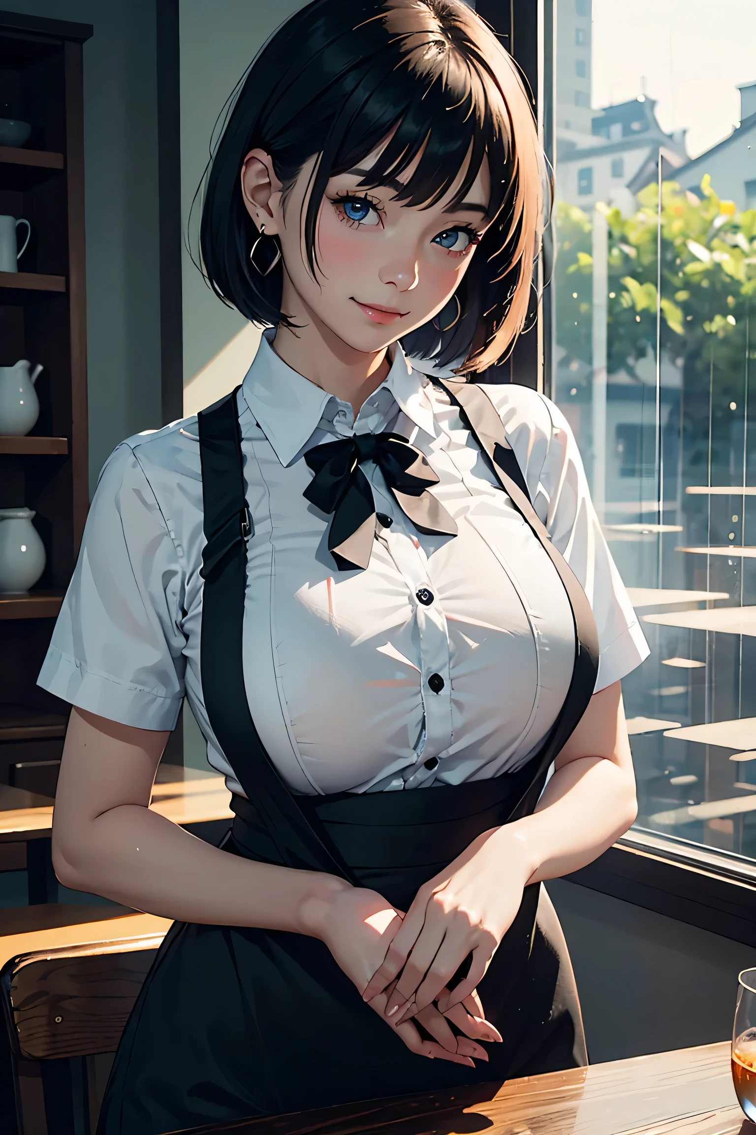 (masterpiece:1.2, Highest quality), (Realistic photos), Beautiful illustrations, (Natural side lighting, Cinema lighting),(1 girl), Japanese, 20-year-old female, Perfect Face, Symmetrical cute face, Glowing Skin,(Black short bob)、Earrings、Dark blue eyes, (Huge breasts), Slender build、Beautiful Hair, Beautiful Face, Fine and beautiful eyes, Beautiful body, Beautiful breasts,(Black Apron、White collared shirt、Black slacks)、smile、Blushing、Cafe、rain、window、glass
