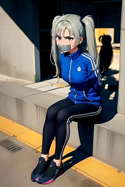 ((1 girl)), ((twin tails)), (sexy),  ((simple_background)), ((concrete floor, concrete wall)), ((underground room)), ((arms behind back)), ((scowl)), ((sitting on the knees)), ((tape gag)),  ((helpless)), ((calm)), ((struggling)), (blue tracksuit,tracksuit,tights pants, long black pants)