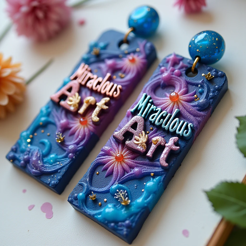 1×1,logo, resin art pen,bookmark, earring;miraculous art written on it, bright colours,vivid