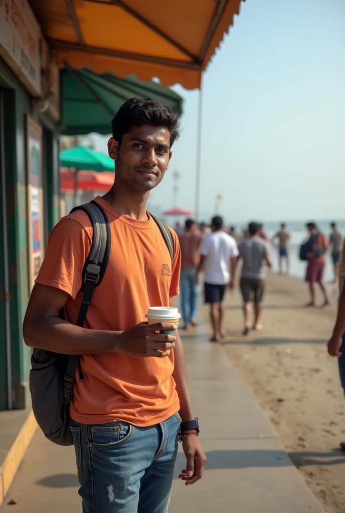 A boy age 27 south India from andhrapradesh wear jeans and t-shirt dusky skin and he came to a coffee shop and there was a girl age 25 north India from mumbai looks very modern she wears western dress looks very beautiful and active. They decide to have some local pain puri. Juhu Beach, with its lively vendors and colorful crowd.