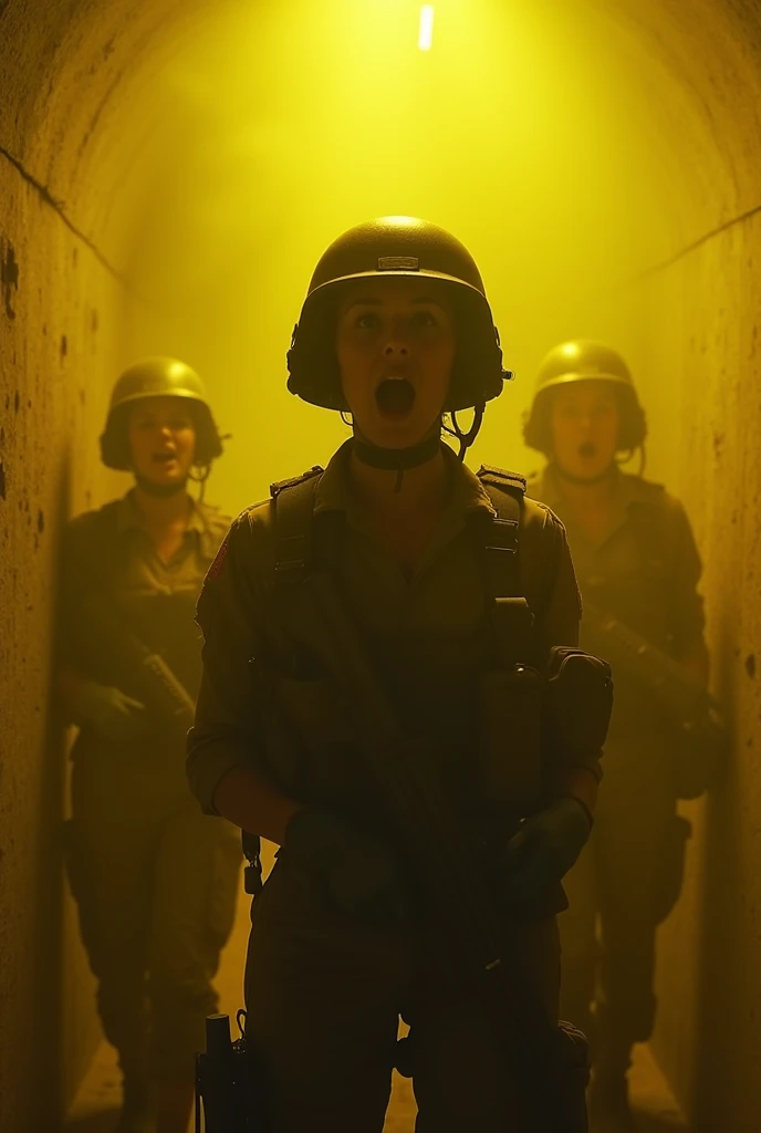 3 sexy female American soldiers screaming in a bunker filled with yellow gas