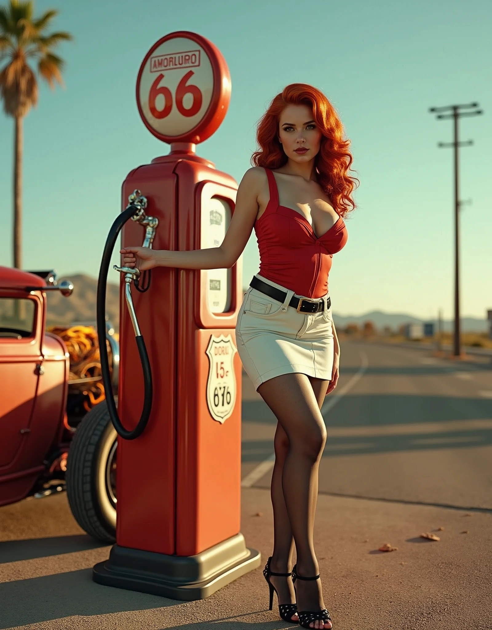 Wide-angle shot of a sizzling 1950s scene: a ravishing redheaded pin-up girl stands provocatively by a vintage gas pump at a full-service station on America's iconic Route 66. Her luscious locks are styled in a nostalgic '50s pin-up art flair, accentuating her hourglass figure and curvaceous silhouette. She sports a fitted white skirt, a bold red blouse with tantalizing cleavage, and black pantyhose with a garter belt and ankle-strap heels. The stunning roadster, a 1932 Ford hot rod, gleams in the sunlight, its orange and yellow flames burning bright against the backdrop of Route 66's open highway. retina, accurate, masterpiece, super detail, high details, best quality, award winning, highres, HD, 4K, 8k, 16k, realistic