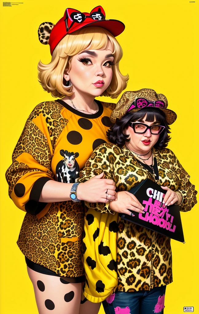 Close-up of a 40 year old woman in a leopard print shirt and hat, Comme des Garcons Campaign, andy milonakis, frank kozik, andy milonakis as a goat, Chris Chan, flashy, Official artwork, Dave Karbis, Craig Marism, Toyism, yoh yoshinori, by Winona Nelson, Michel Othello