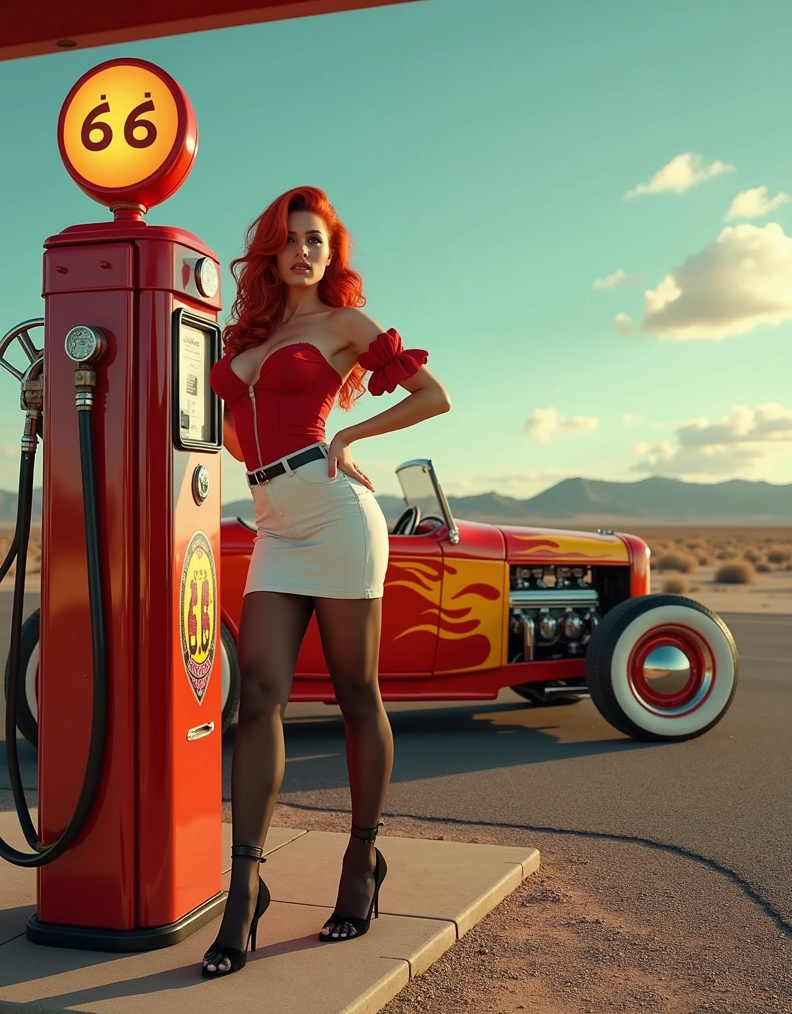 Wide-angle shot of a sizzling 1950s scene: a ravishing redheaded pin-up girl stands provocatively by a vintage gas pump at a full-service station on America's iconic Route 66. Her luscious locks are styled in a nostalgic '50s pin-up art flair, accentuating her hourglass figure and curvaceous silhouette. She sports a fitted white skirt, a bold red blouse with tantalizing cleavage, and black pantyhose with a garter belt and ankle-strap heels. The stunning roadster, a 1932 Ford hot rod, gleams in the sunlight, its orange and yellow flames burning bright against the backdrop of Route 66's open highway. retina, accurate, masterpiece, super detail, high details, best quality, award winning, highres, HD, 4K, 8k, 16k, realistic