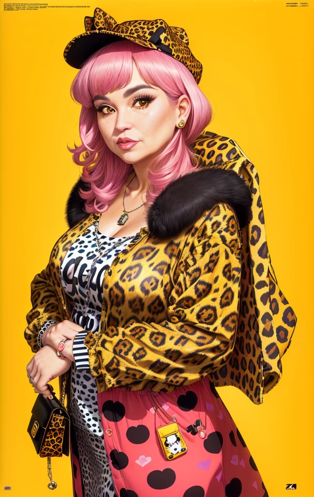 Close-up of a 40 year old woman in a leopard print shirt and hat, Comme des Garcons Campaign, andy milonakis, frank kozik, andy milonakis as a goat, Chris Chan, flashy, Official artwork, Dave Karbis, Craig Marism, Toyism, yoh yoshinori, by Winona Nelson, Michel Othello
