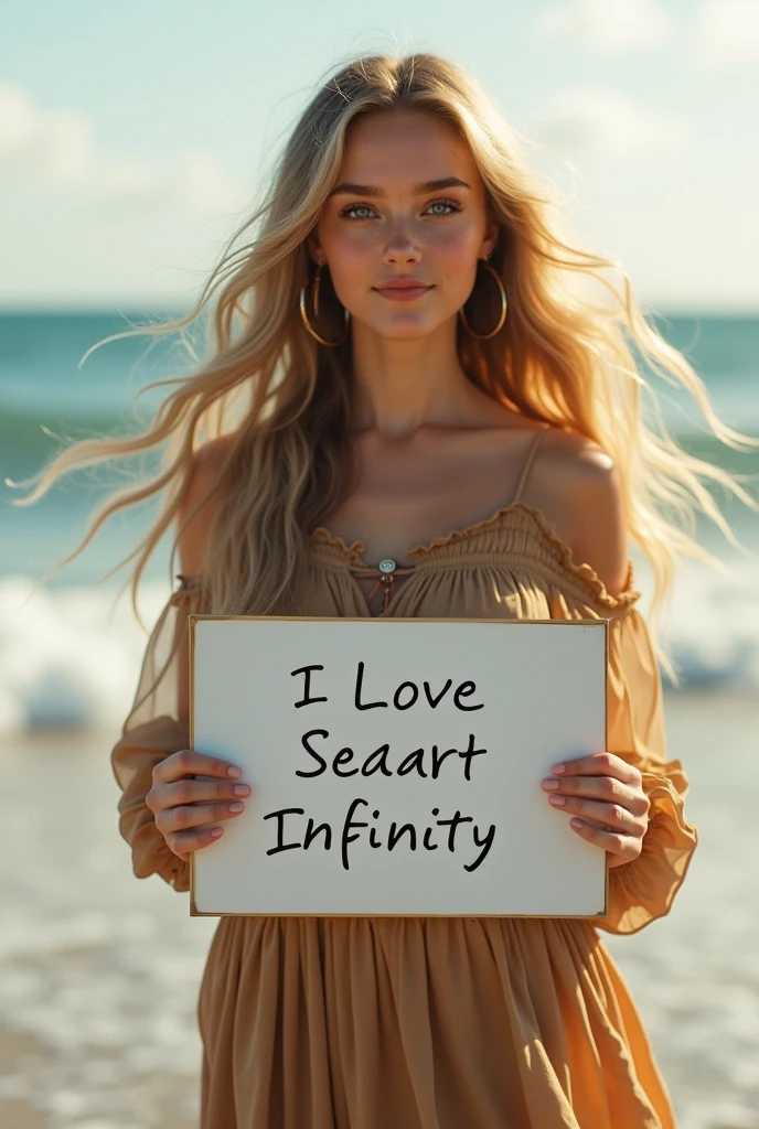 Beautiful girl with wavy long hair, bohemian dress, holding a white board with text "I Love Seaart Infinity" and showing it to the viewer