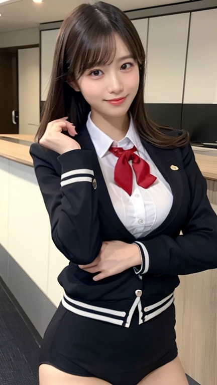 Tabletop, Highest quality, Photorealistic, In detail, High resolution, 8k wallpaper, Detailed and beautiful eyes, Medium Hair, Big Breasts 1.3)、Laughter,  beauty、Japanese、Look at the person taking the photo、((Accurate needles without discomfort))、(curve:1.2)、Detailed eyes、Fine skin、 (cute:1.2)、clavicle、 ((Pop Idols of Japan、Camel Toe))、Realistic Face、height:162cm、weight:48kg、bust:90cm、Waistline:58cm、Hips:88cm、 G Cup、((stewardess jacket uniform:1.2))、(Naughty underwear)、(Huge boobs)、Thighs Thighs Thighs Thighs、Exactly、Perfect Image Realism、(Black Background)、Cowboy Shot、Detailed Background、Detailed costume、Hyperrealism、(Photorealistic:1.4)、8K最High resolution、(masterpiece)、Professional