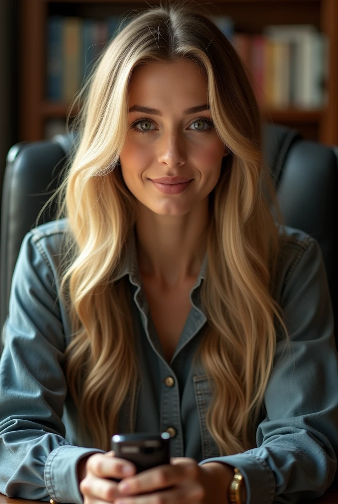 A beautiful bimbo girl with long golden hair, Delicate eyes, nose, and lips, Wearing professional attire, Sitting in her office, Use her, pk (best quality,4K,8K,high resolution,masterpiece:1.2),Extremely detailed,(Practical,photoPractical,photo-Practical:1.37),HDR,Studio Lighting,Extremely detailed face and body, portrait,Movie Lighting,Dramatic Lighting,Warm colors,Dramatic Colors