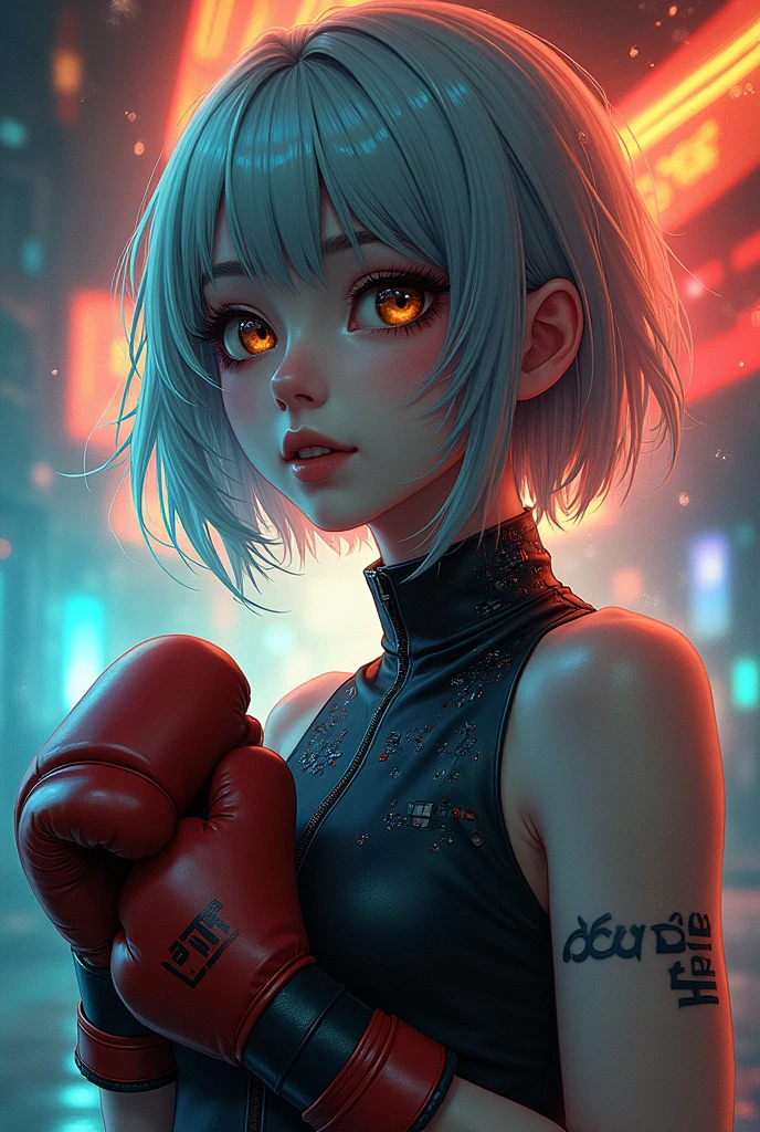 (masterpiece, Highest quality, Highest quality, Official Art, beautifully、aesthetic:1.2), Very detailed, (Abstract:1.2), Light trail, Vibrant colors, Visual clutter, Fluid movement, Fascinating patterns, Most detailed,
1 girl, Full-length portrait of an adult Spanish woman、全身にLight trail、, Amber Eyes, Grey wedge cut hair, Boxing gloves、
Portraiture, Character Focus, look up, alone, Upper Body, Detailed Background, Detailed face, (Circuit board AI, Electronic Themes:1.1), Stoic expression, Symmetrical Configuration, Side light, Cinematic atmosphere, Regalia,
Nardac,