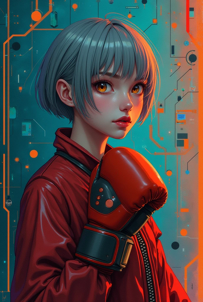 (masterpiece, Highest quality, Highest quality, Official Art, beautifully、aesthetic:1.2), Very detailed,  (Abstract:1.2),   Light trail, Vibrant colors, Visual clutter, Fluid movement, Fascinating patterns,  Most detailed,
1 girl, Full-length portrait of an adult Spanish woman、全身にLight trail、,  Amber Eyes, Grey wedge cut hair, Boxing gloves、
Portraiture, Character Focus, look up, alone, Upper Body, Detailed Background, Detailed face, (Circuit board AI, Electronic Themes:1.1), Stoic expression,  Symmetrical Configuration, Side light, Cinematic atmosphere,      Regalia,
Nardac, 