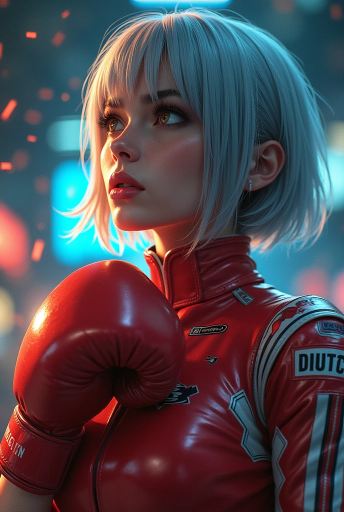 (masterpiece, Highest quality, Highest quality, Official Art, beautifully、aesthetic:1.2), Very detailed, (Abstract:1.2), Light trail, Vibrant colors, Visual clutter, Fluid movement, Fascinating patterns, Most detailed,
1 girl, Full-length portrait of an adult Spanish woman、全身にLight trail、, Amber Eyes, Grey wedge cut hair, Boxing gloves、
Portraiture, Character Focus, look up, alone, Upper Body, Detailed Background, Detailed face, (Circuit board AI, Electronic Themes:1.1), Stoic expression, Symmetrical Configuration, Side light, Cinematic atmosphere, Regalia,
Nardac,