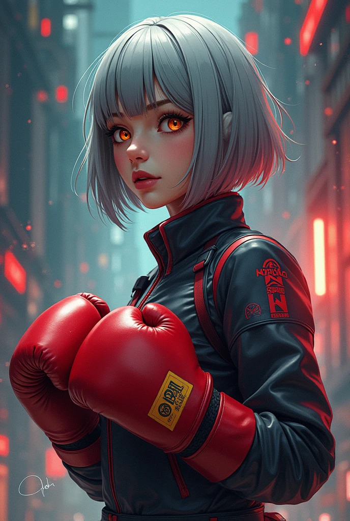 (masterpiece, Highest quality, Highest quality, Official Art, beautifully、aesthetic:1.2), Very detailed, (Abstract:1.2), Light trail, Vibrant colors, Visual clutter, Fluid movement, Fascinating patterns, Most detailed,
1 girl, Full-length portrait of an adult Spanish woman、全身にLight trail、, Amber Eyes, Grey wedge cut hair, Boxing gloves、
Portraiture, Character Focus, look up, alone, Upper Body, Detailed Background, Detailed face, (Circuit board AI, Electronic Themes:1.1), Stoic expression, Symmetrical Configuration, Side light, Cinematic atmosphere, Regalia,
Nardac,