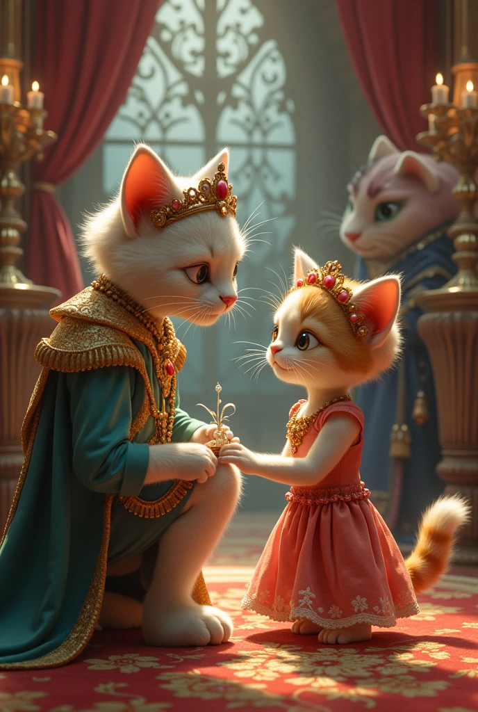 The male cat with a human body, dressed as a prince, kneels down to fit a delicate glass slipper onto the female cat's paw. With humen girl body The background could be in a royal setting, with attendants and other onlookers, as she watches nervously, hoping it will fit.to the girl cat cindrella
