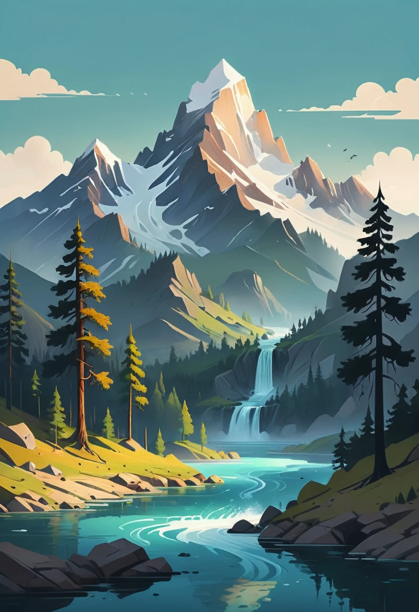 impressive painting of a mountain with trees and water, a detailed painting by Petros Afshar, shutterstock contest winner, environmental art, detailed painting, outlined art, 2d game art, isolated background for logo, strong contours, logo design