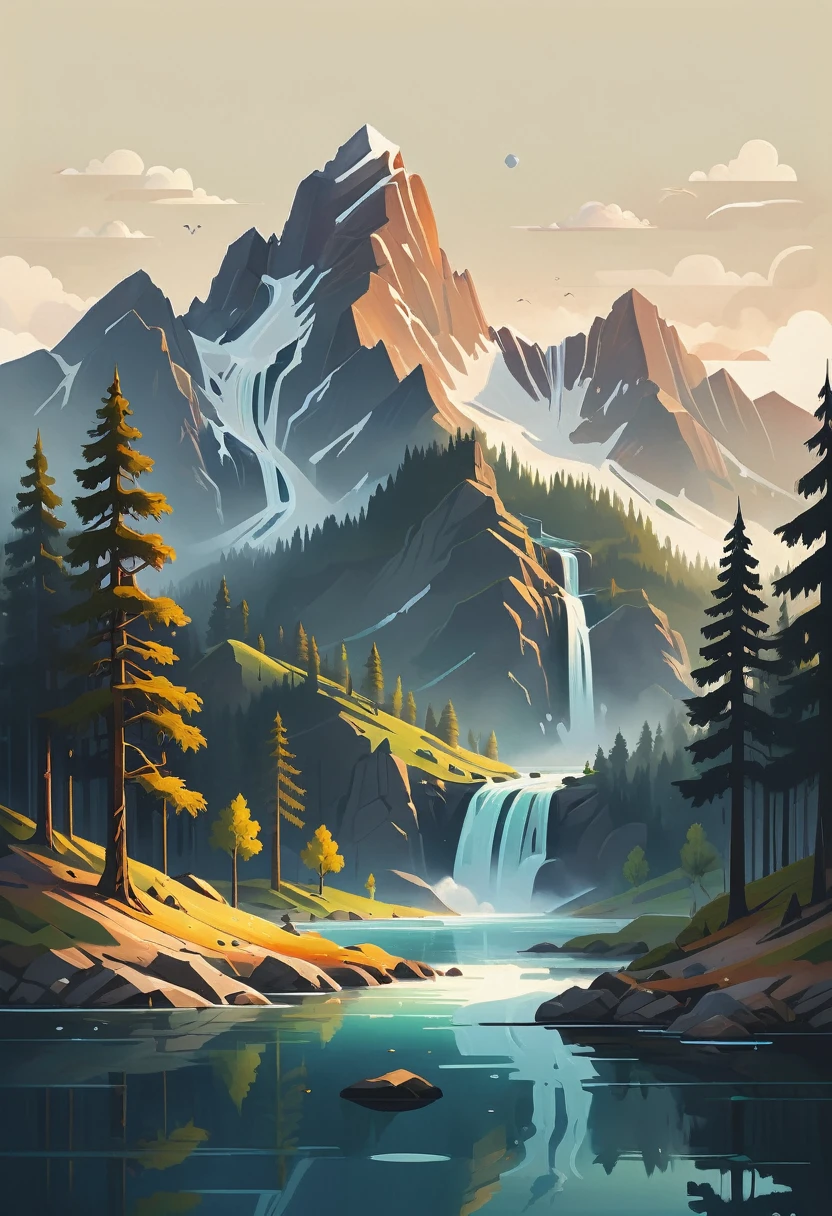 impressive painting of a mountain with trees and water, a detailed painting by Petros Afshar, shutterstock contest winner, environmental art, detailed painting, outlined art, 2d game art, isolated background for logo, strong contours, logo design