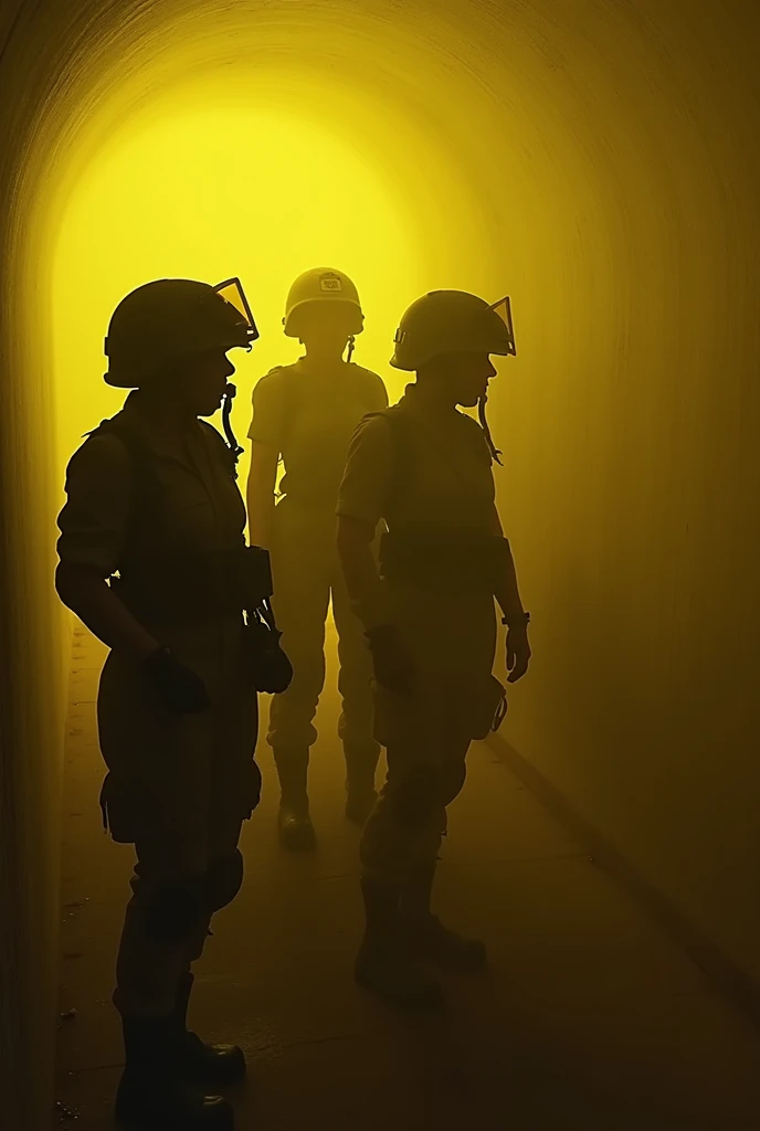 3 sexy female American soldiers screaming in a bunker filled with yellow gas