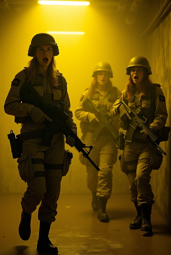 3 sexy female American soldiers screaming in a bunker filled with yellow gas