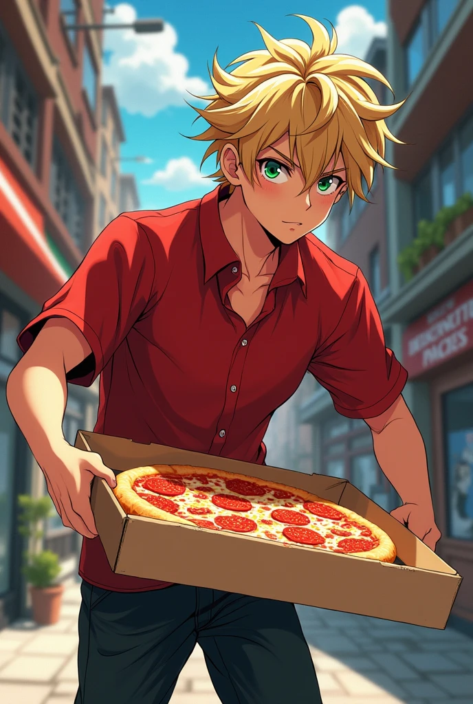 Generate a book cover for a novel. Show a small city sort of scene where a blond seventeen year old guy with green eyes and a bit of messy hair is almost tripping, in a pizza delivery outfit, the pizza box in mid air open enough to show a glance of the pizza inside. Anime style. Masculine. Man