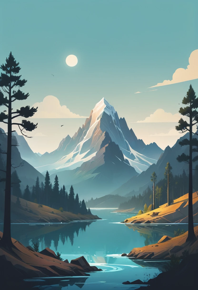 impressive painting of a mountain with trees and water, a detailed painting by Petros Afshar, shutterstock contest winner, environmental art, detailed painting, outlined art, 2d game art, isolated background for logo, strong contours, logo design
