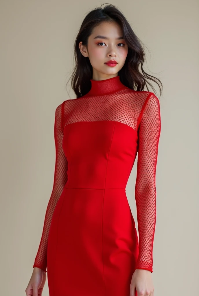 A girl wearing red colour mid length dress sleeveless and under it she wearing a red colour mesh top with full sleeve and turtleneck