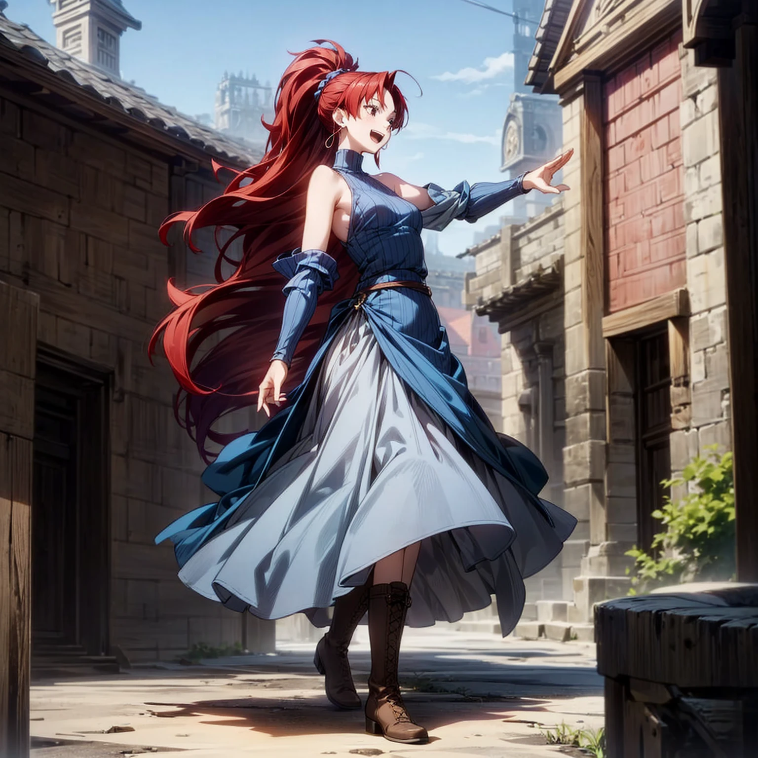 Solo character, full body version, young girl, black eyes, red color hair, very long hair, ponytail, long dress clothing, blue color dress, bare shoulder clothing, long skirt, boots, hoop earrings, outdoor, village, medieval, morning, standing gesture, detailed background, detailed clothing, detailed hair, happy eyes, open mouth, medium Breast 