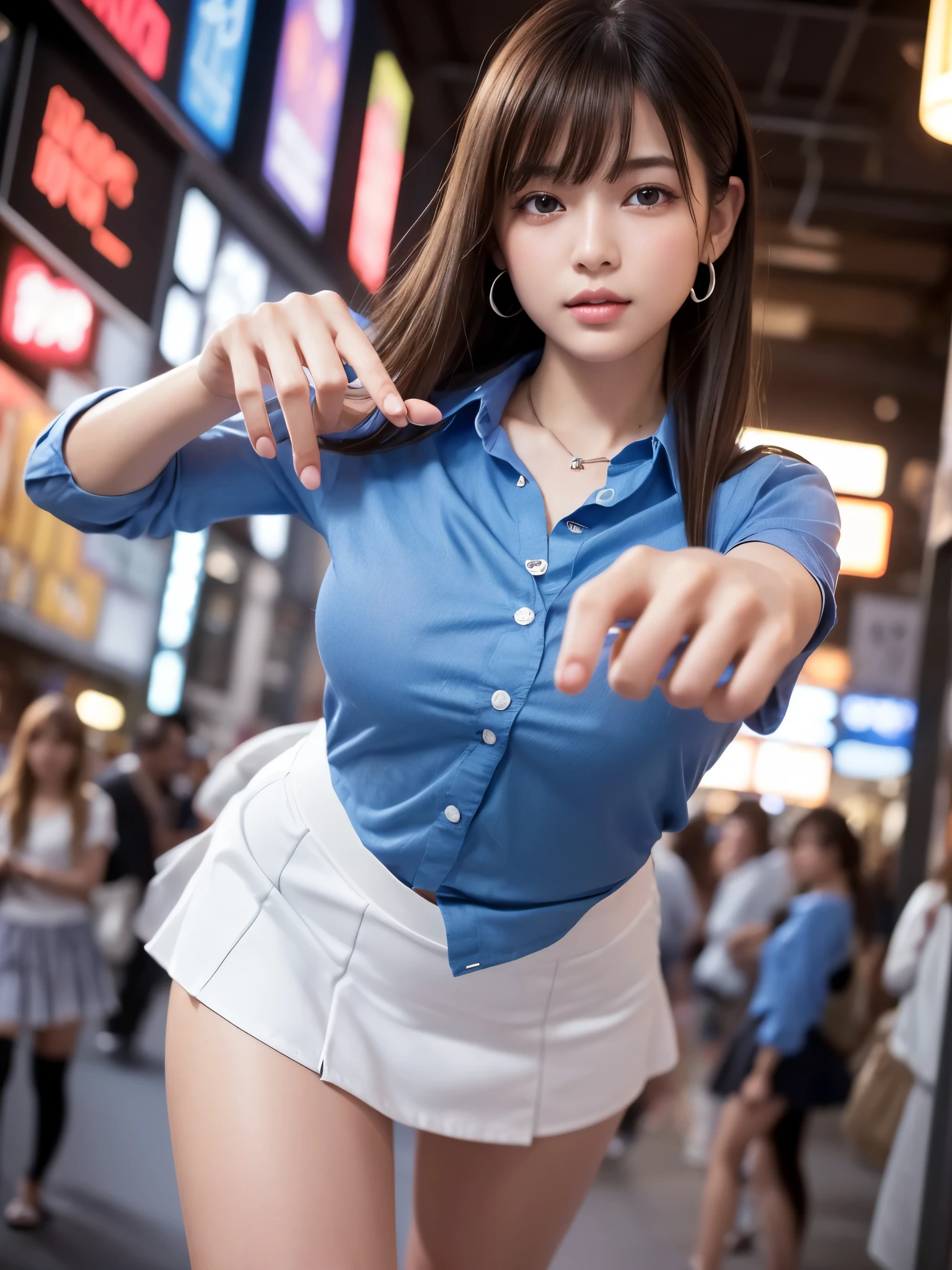 Product quality,1 girl,Cowboy Shot,Front view,(Thigh Emphasis:1.6),(Angle up to the knee:1.5)Young and sexy Japanese girl,20-year-old,Harajuku,(Crowded street:1.4),Snazzy,((Blue Shirt:1.5)),wear,(Snazzyバッグ:1.3),Fashionable necklaces,Stylish earrings,((White Ultra Short Micro Mini Skirt:1.5)),wear,((Small Head,face:0.4))とてもかわいいface,赤ちゃんのface,Glossy Lips,Double eyelids on both eyes,(Natural Makeup),Small and cute nose,shiny smooth light brown long hair,,,,,Asymmetrical bangs,Center image,8k resolution,Attention to detail,Detailed hairstyle,詳細なface,Cinema Lighting,Octane Rendering,Ultra-realistic,Perfect limbs,(Detailed fingers:1.5),Beautiful legs,Voluptuous thighs,Huge breasts,Perfect Anatomy,(Model sexy pose:1.5)