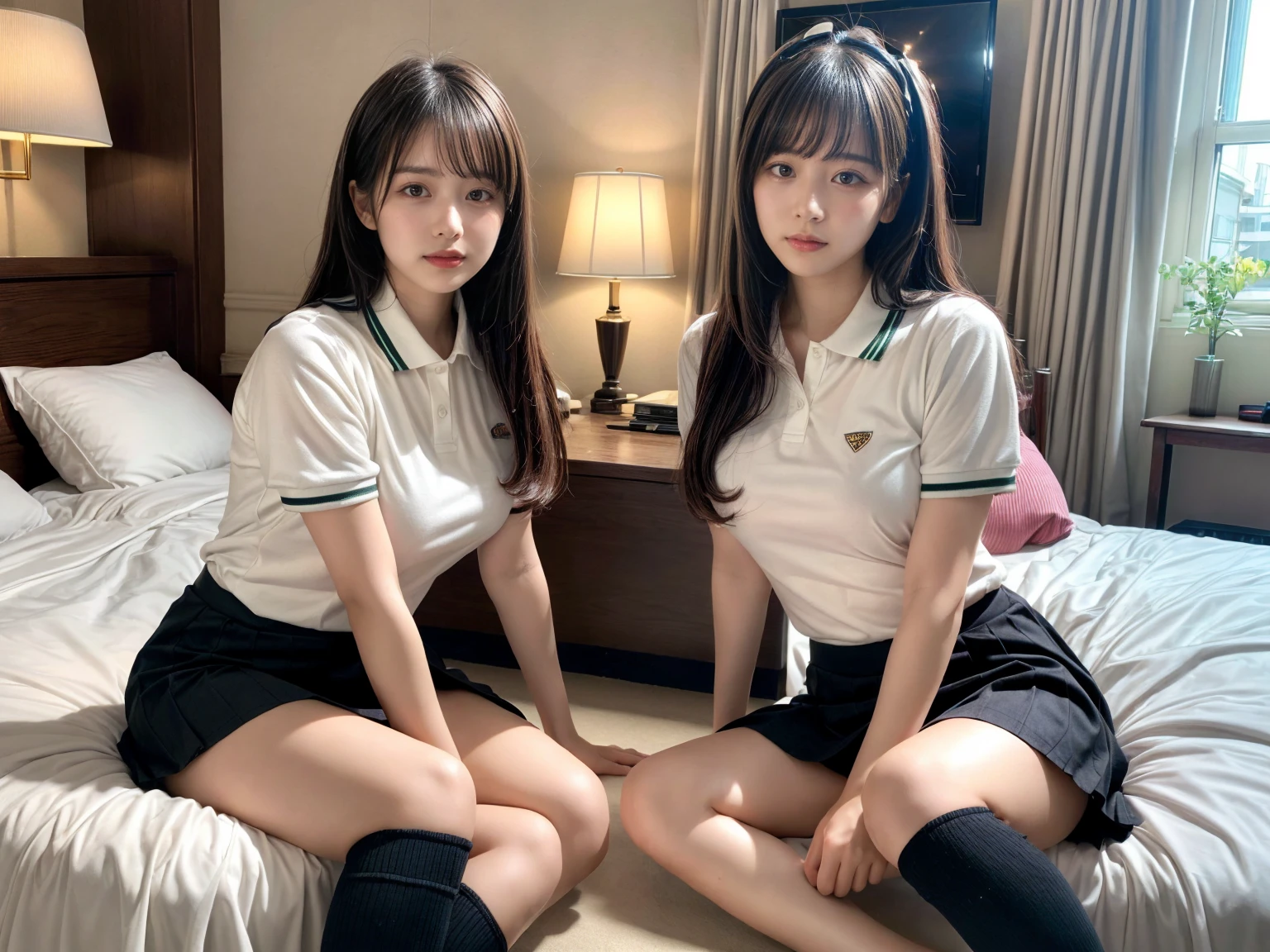 masterpiece, best quality, illustration, Super detailed, fine details, High resolution, 8K,wall paper, perfect dynamic composition,(Details High quality, realistic depiction of eyes:1.3), (2 girls), (Fashionable, with soft pastel colors, black skirt, pernas nu, camisa polo preta, uniform soccer, ambiente urbano), straight hair, large breasts, black hair color, Big Natural Color Lip, (perfect body shape), crying a little、Harajuku style、20 year old girl、cute type、ta、beautiful legs, hotel room, Gravure Idol