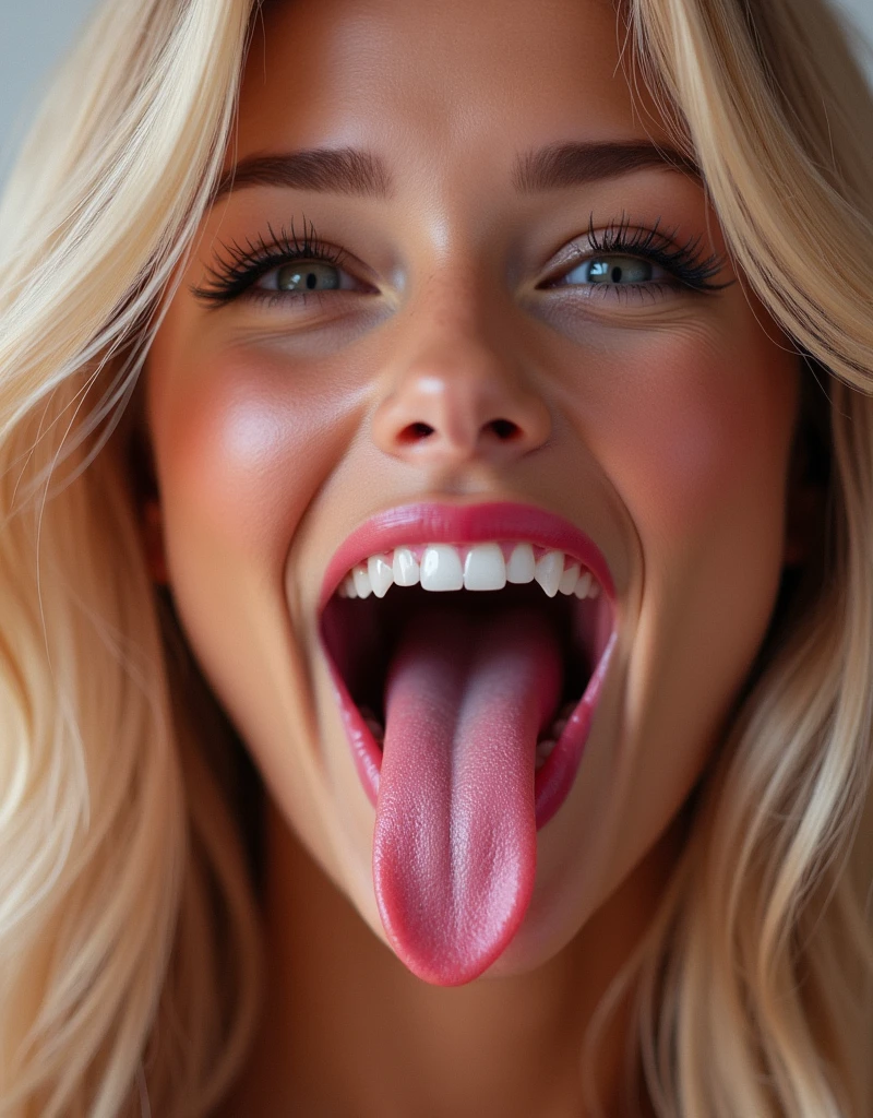 face of  model Victoria's secret with mouth wide open, long tongue, barbie 