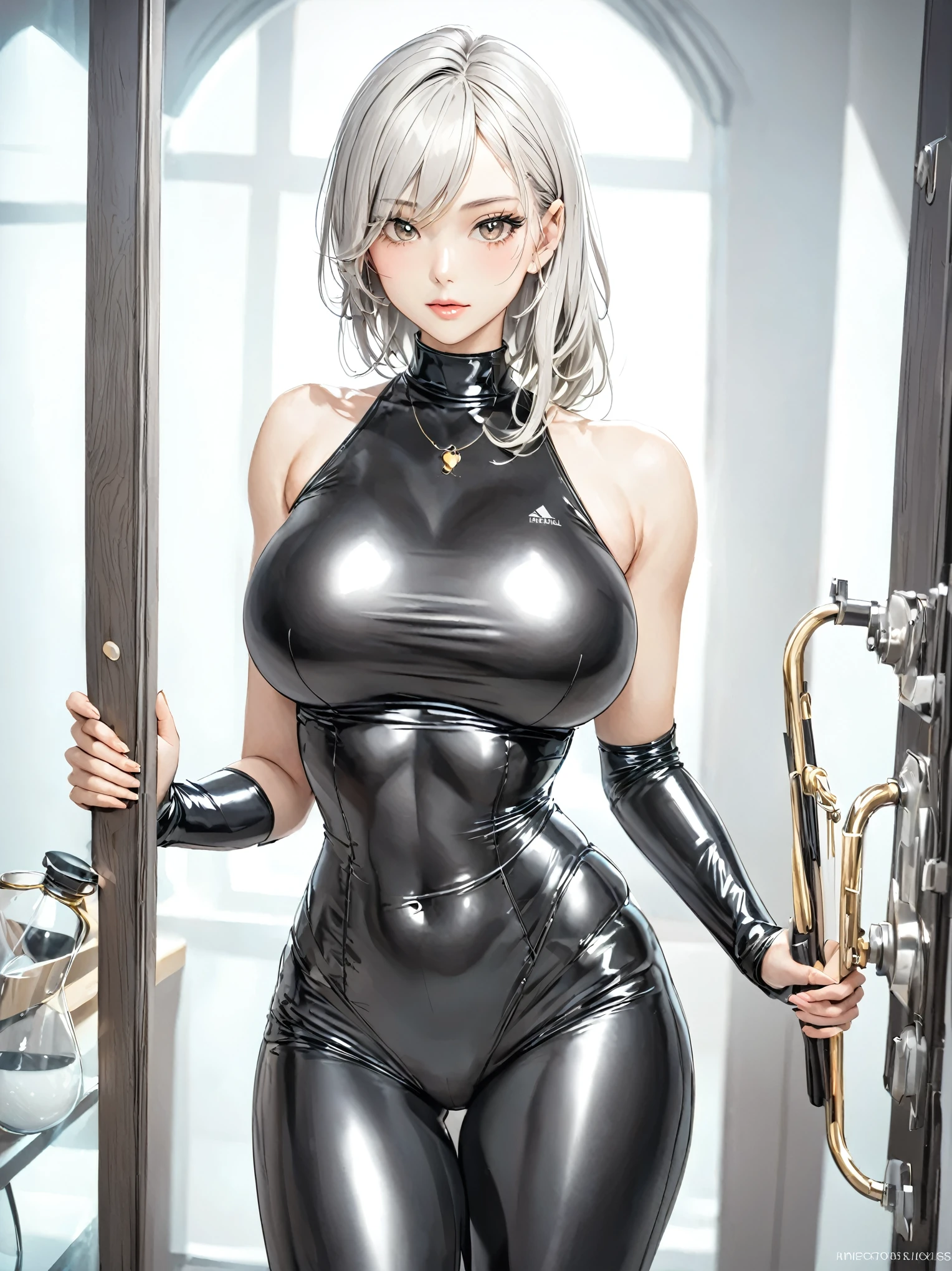 (Hiperreal)、skin completely covered by clothing, high detail, Perfect body with golden ratio, wearing (tight shirt:1.2), beautiful detailed face, hazel eyes, (attractive fitness woman:1.3), (seductive:1.1), (blushing:1.1), hourglass body shape, complete shiny black latex top model swimsuit one piece just neck, big round breasts