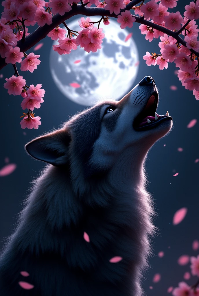Wolf howling at the moon with cherry blossoms around on a black background with purple hues 