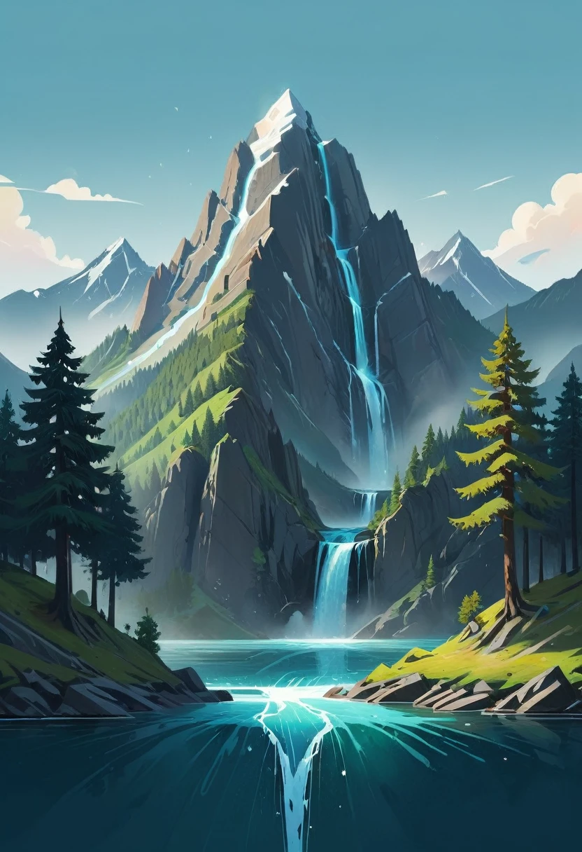 impressive painting of a mountain with trees and water, a detailed painting by Petros Afshar, shutterstock contest winner, environmental art, detailed painting, outlined art, 2d game art, isolated background for logo, strong contours, logo design