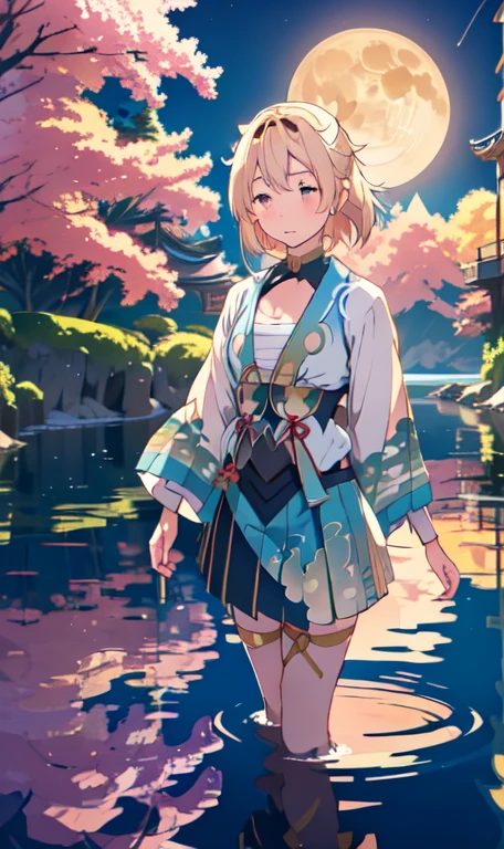 Kazama Iroha、Girl、ribbon、Japanese sword、lake、Stand above the surface of the water、night、full moon、star、Reflection on the water、dance、Lift your legs、(super beautiful、Highest quality)(live-action)