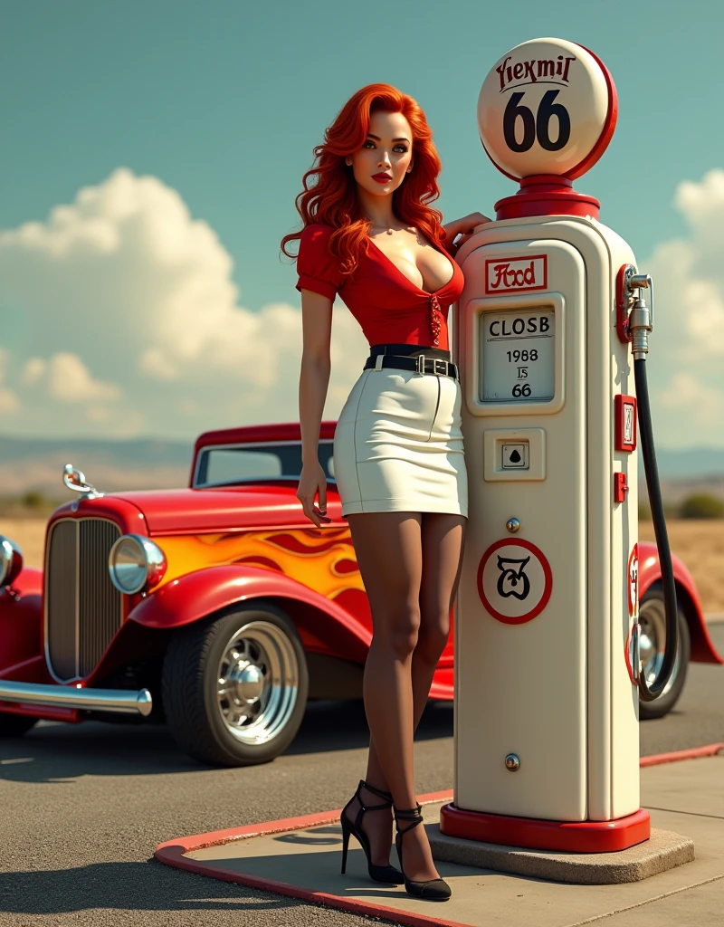 Wide-angle shot of a sizzling 1950s scene: a ravishing redheaded pin-up girl stands provocatively by a vintage gas pump at a full-service station on America's iconic Route 66. Her luscious locks are styled in a nostalgic '50s pin-up art flair, accentuating her hourglass figure and curvaceous silhouette. She sports a fitted white skirt, a bold red blouse with tantalizing cleavage, and black pantyhose with a garter belt and ankle-strap heels. The stunning roadster, a 1932 Ford hot rod, gleams in the sunlight, its orange and yellow flames burning bright against the backdrop of Route 66's open highway. retina, accurate, masterpiece, super detail, high details, best quality, award winning, highres, HD, 4K, 8k, 16k, realistic