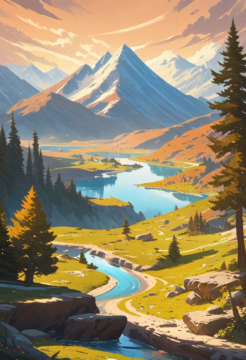 impressive painting of a mountain with trees and water, a detailed painting by Petros Afshar, shutterstock contest winner, environmental art, detailed painting, outlined art, 2d game art, isolated background for logo, strong contours, logo design
