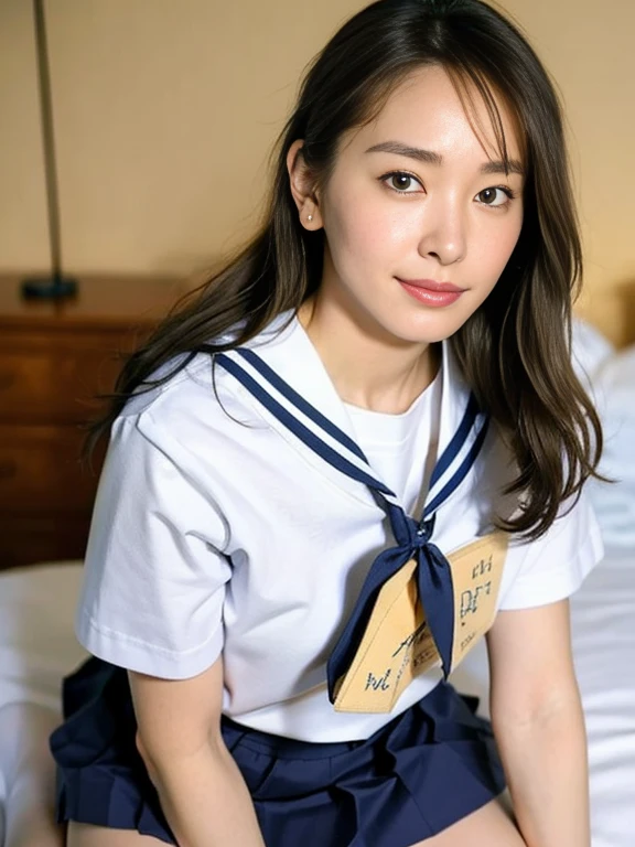 (Masterpiece, Best quality: 1.4), (Ultra realistic, Photo-realistic: 1.2), Full body, (kneeling: 1.3), Looking at viewer, Natural light, 28 years old actress, Japanese women, (arms behind back: 1.2), Neat and clean, (Wearing school uniform),((White Short-sleeve Sailor suit, Navyblue skirt, Black skirt:1.2), Wearing white sock, (ponytail: 1.2)), Wearing white sock, (ponytail: 1.2), Light brown hair color, (Beautiful Face), Oval face, clear, (Beautiful eyes, Kind eyes), (Clear skin), Small face, (Small mouth, Beautiful mouth), Natural makeup, Approachable, Hotel Suite room, On bed, (nsfw:1.1), Seductive smile, Seductive pose, Beautiful thighs, Touch pussy, Bedroom eyes, Spread legs,