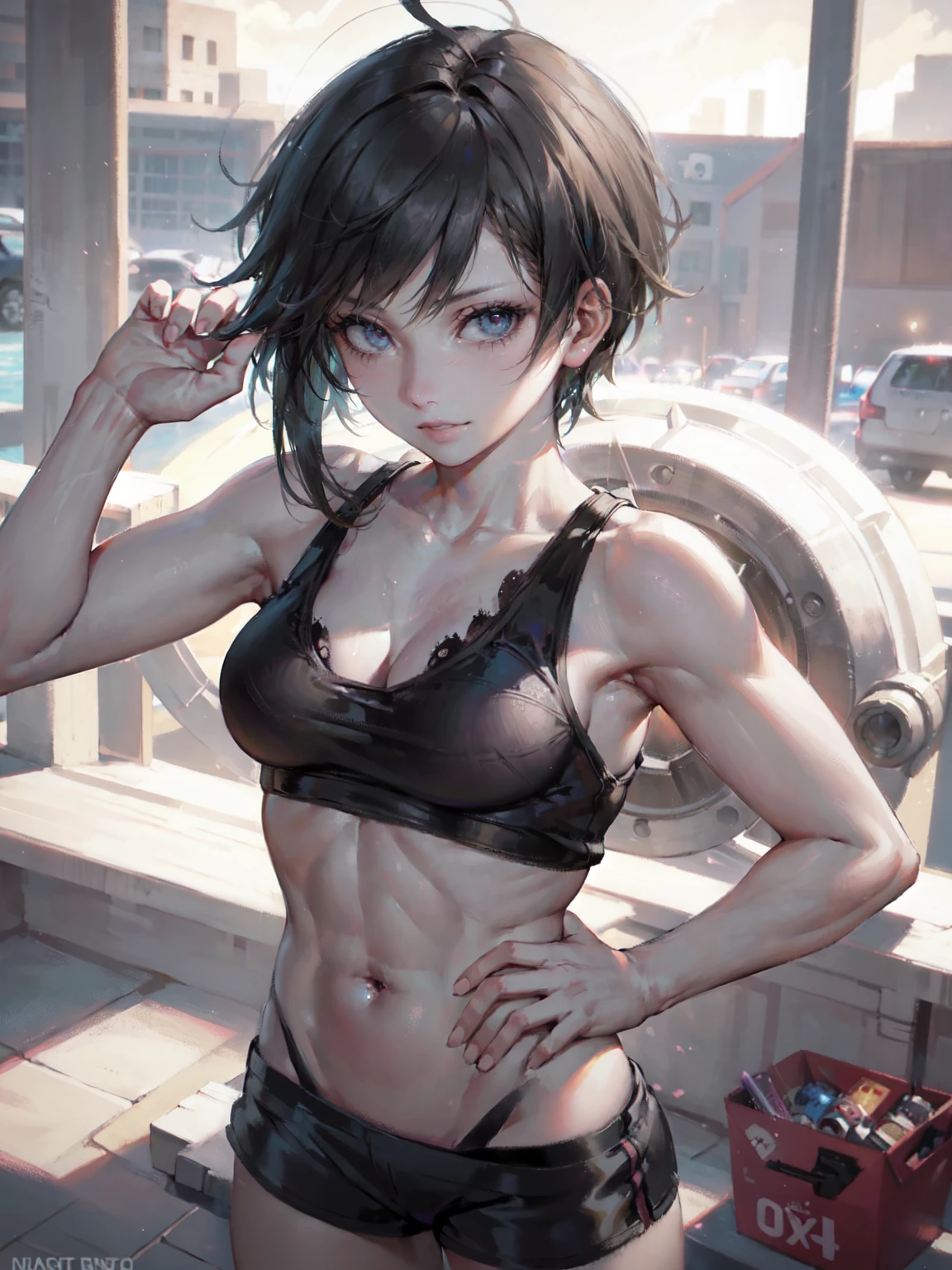 tomboy girl, athletic fit body, short spiky hair of nutty color, beautiful detailed eyes, beautiful detailed lips, tank top, boy shorts, detailed muscular legs, dynamic pose, realistic, photorealistic, 4k, 8k, highres, masterpiece, ultra-detailed, (1girl)