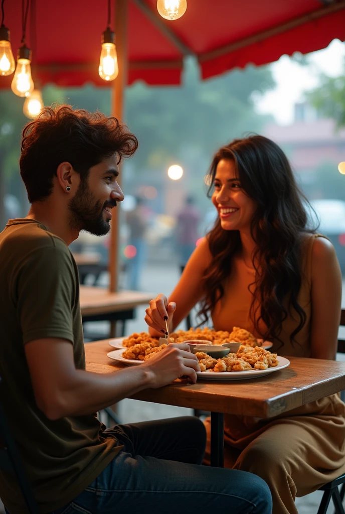A boy age 27 south India from andhrapradesh wear jeans and t-shirt dusky skin and he came to a coffee shop and there was a girl age 25 north India from mumbai looks very modern she wears western dress looks very beautiful and active. both of them are having pain puri in streets at panipuri cart.