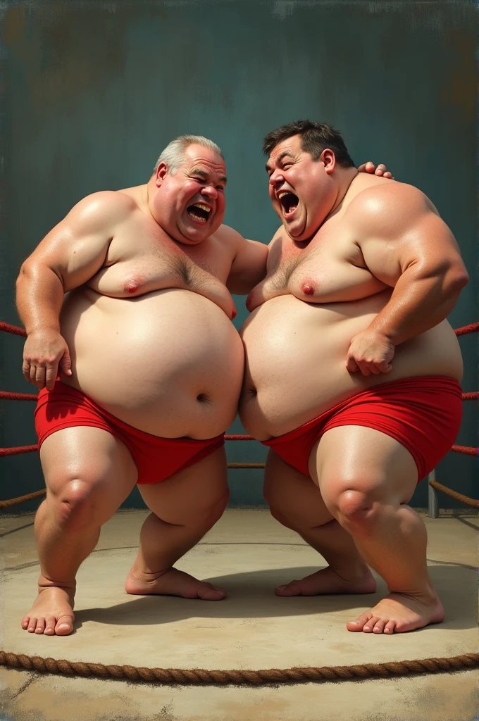Two Old Fat chubby man red underwear fight on the ring