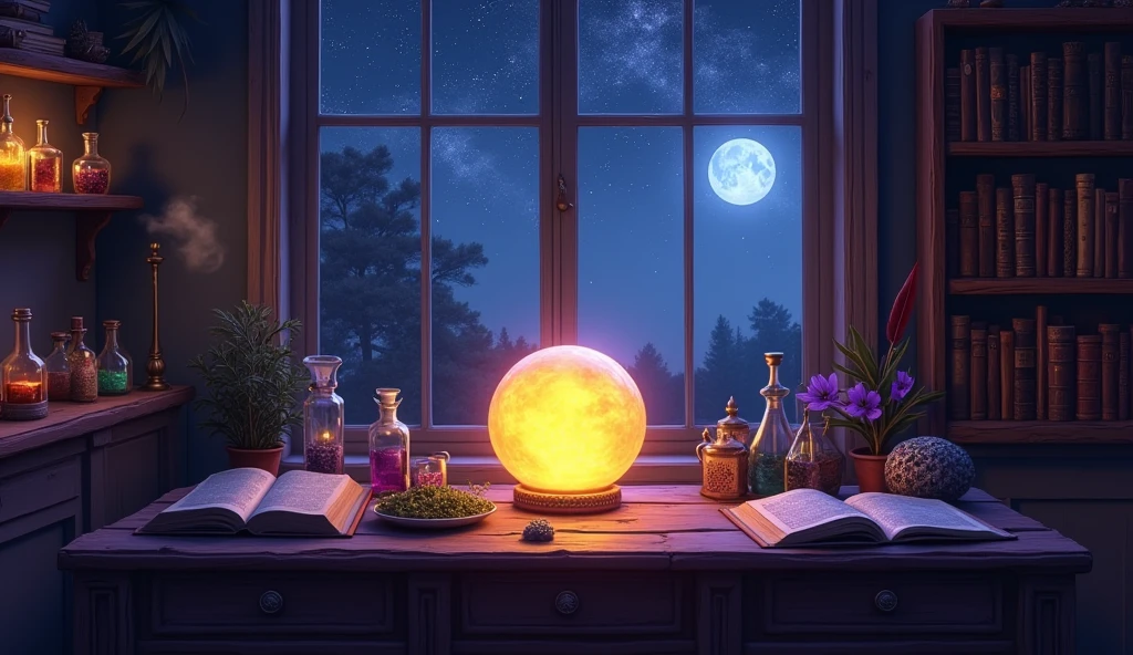 the witch room that have working table with violet-yellow magic ball at center of table, on the table have some book, feather pen, some candle, herb that look sparkle, bottle of magic liquid , small silver cub that have smoke.
on left wall have a shelf of small magic potion bottle. on the right have book shelf behide that table have large clear window that see night sky with 2 moon for big and small